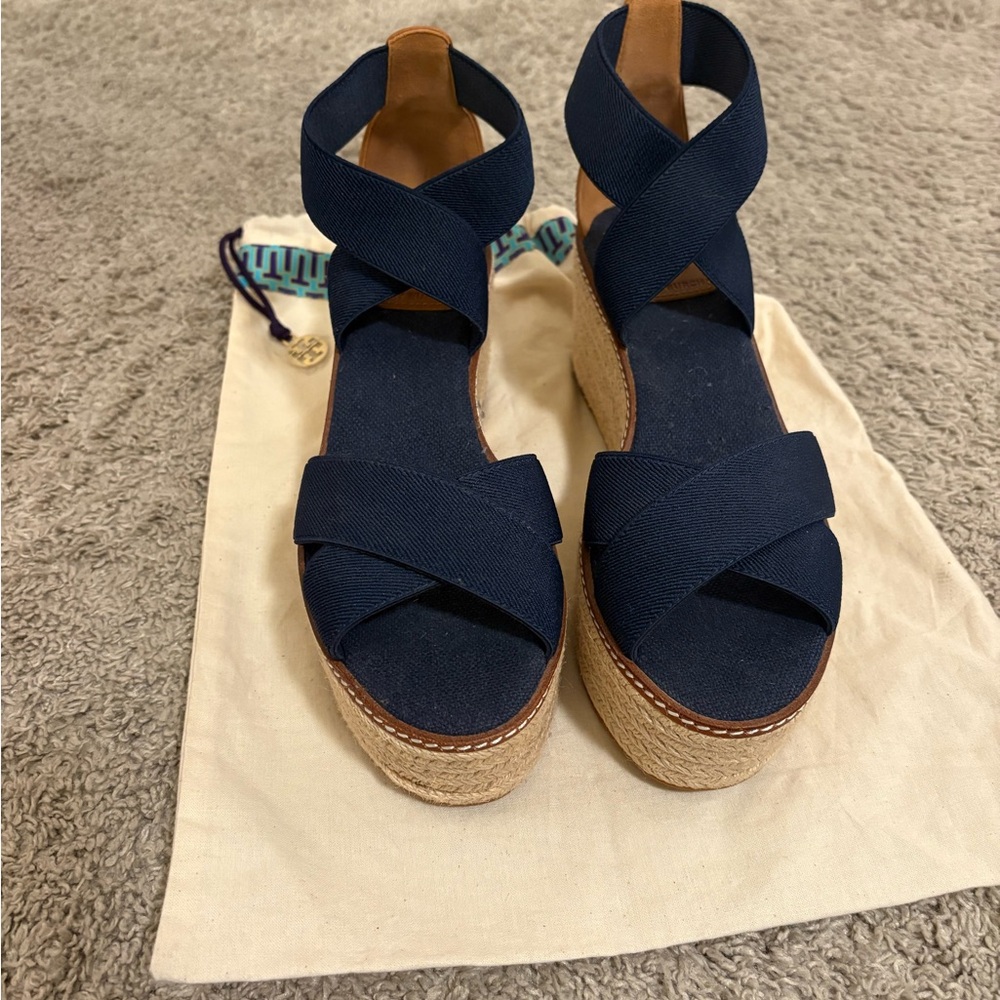 Tory Burch Dark Blue Espadrille Wedges